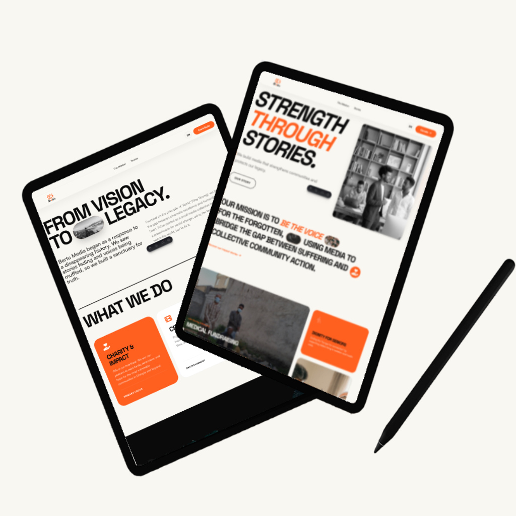 Bertu Media homepage - Modern landing page with hero section featuring orange accent