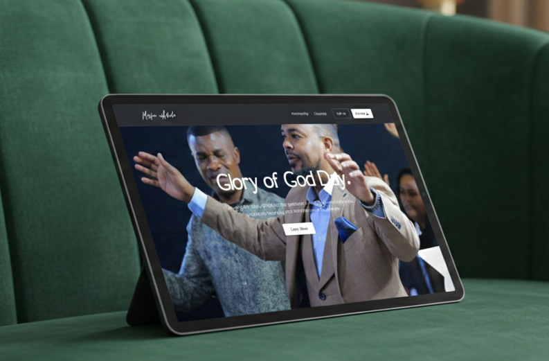 Glory of God Day International Church homepage hero section - Digital sanctuary design showcase featuring peaceful navigation and sermon integration